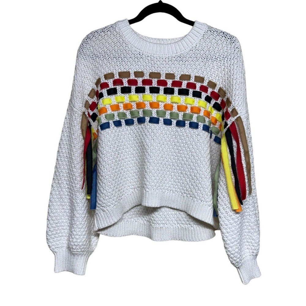 Alice and Olivia Claudette Ribbon Fringe Sweater Women’s Size Large